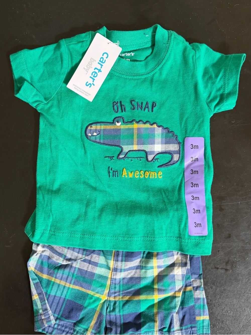 NWT Carter's Baby Boy 3 Mo Green Plaid ”Oh Snap” Crocodile/Alligator Outfit
